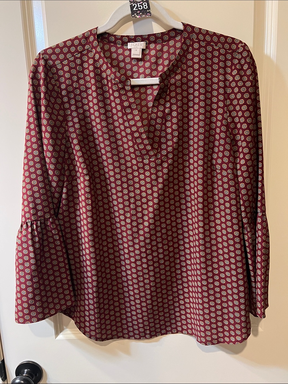 J. Crew Maroon Printed V-Neck Tunic Top H258